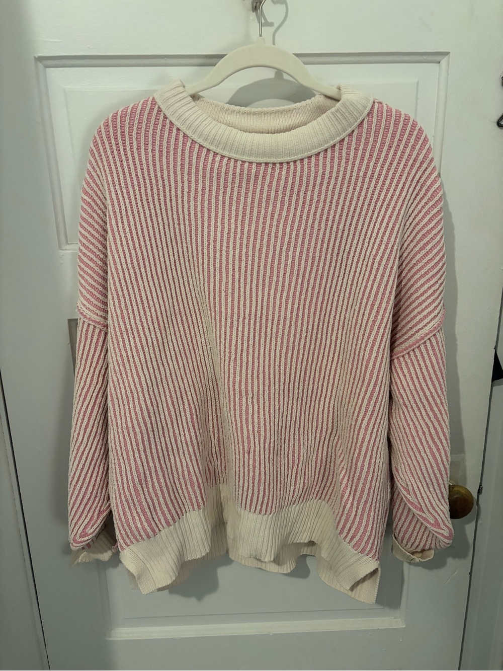 Aerie Pink & Cream Ribbed Crewneck Sweater